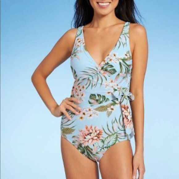 Kona Sol Wrap-Front High Coverage One Piece Swimsuit Tropical Print Small NWT - Picture 1 of 8